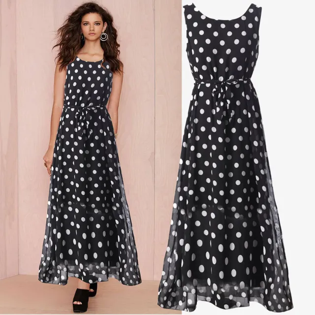 Black And White Polka Dot Chiffon Big Swing Suspender Dress Black - Shop at LoveMi