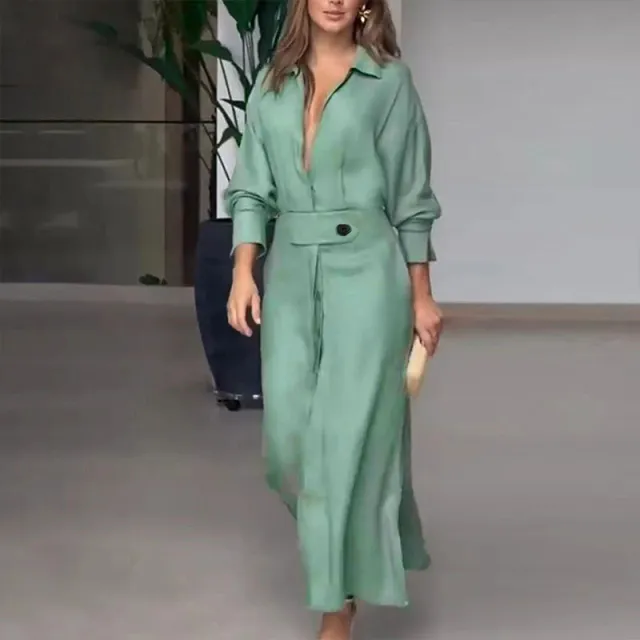Women's Elegant Tied Solid Color Waisted Long sleeved Shirt Dress Light Green - Shop at LoveMi