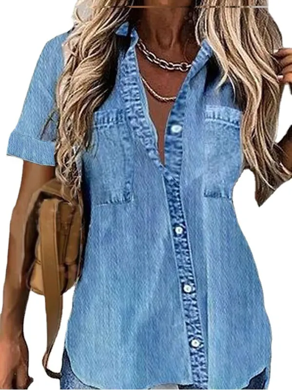 Wear Loose Denim like Printed Short sleeved Shirt Sky Blue - Shop at LoveMi