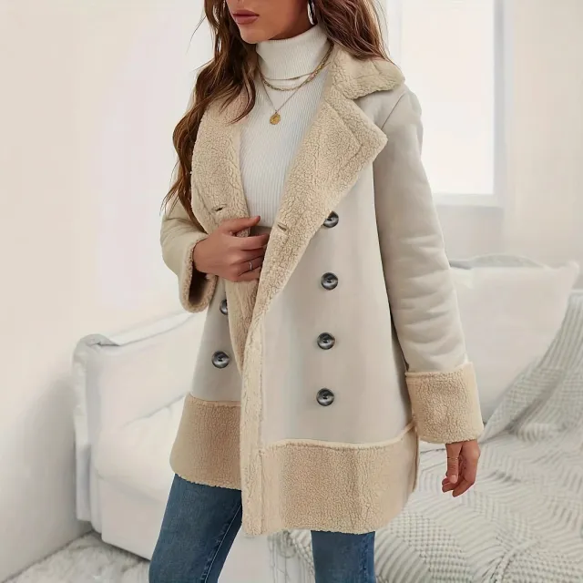 Apricot Lapel Lamb Wool Contrast Color Long Coat Apricot - Shop at LoveMi