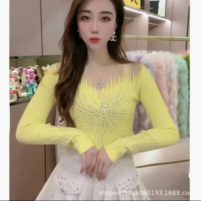 Knitwear Women's Korean style Diamond embedded Fashion Lace Bottoming Yellow - Shop at LoveMi