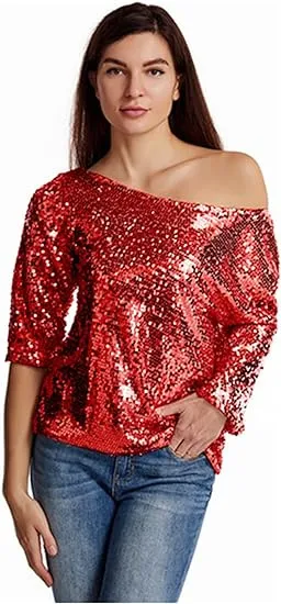 Loose Sequins Oblique Shoulder Short Sleeve Sequined Shirt Wine Red - Shop at LoveMi