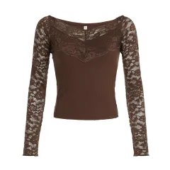 European And American V-neck Lace Jacquard Knitted Top For Women - Brown - View 1