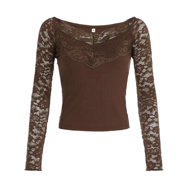 European And American V neck Lace Jacquard Knitted Top For Women Brown - Shop at LoveMi