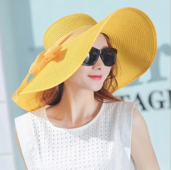 Hat Female Summer Tide Straw Hat Foldable Beach Hat Sun Hat Sun Protection Bright Yellow Edge - Shop at LoveMi