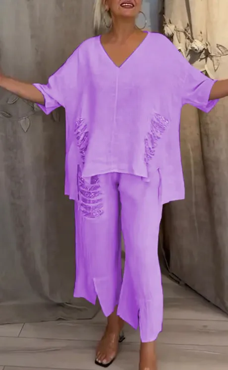 Women's Casual Cotton Linen V neck Top Ripped Suit Purple - Shop at LoveMi