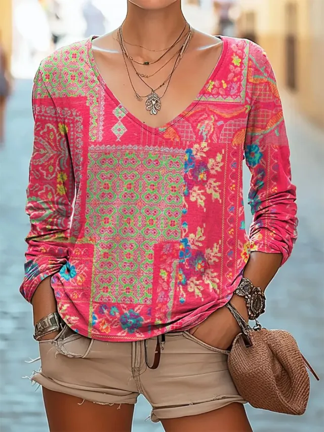 Casual V neck Long Sleeve Regular Pullover Digital Printing Women's Top 07Color 5Xl - Shop at LoveMi