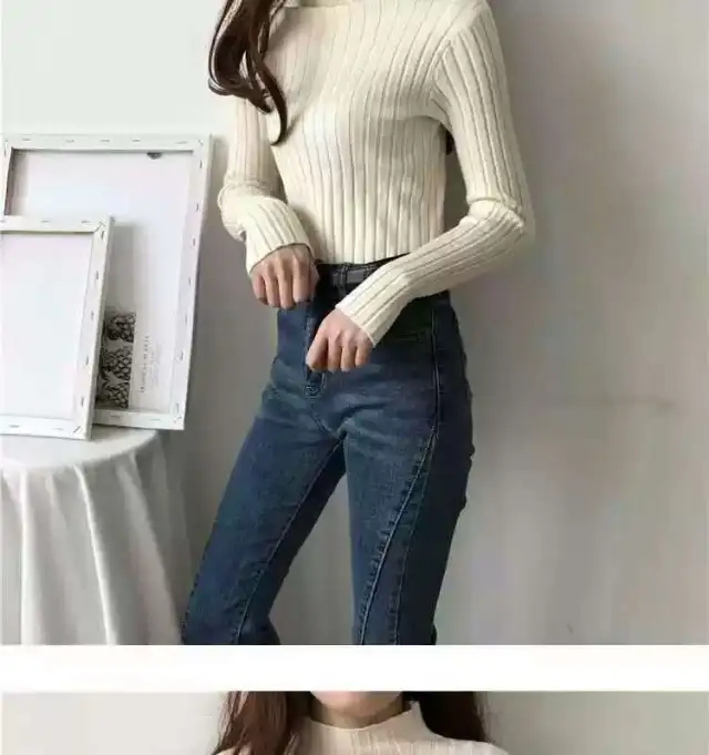 Sunken Stripe Half Turtleneck Bottoming Shirt Ladies Apricot - Shop at LoveMi