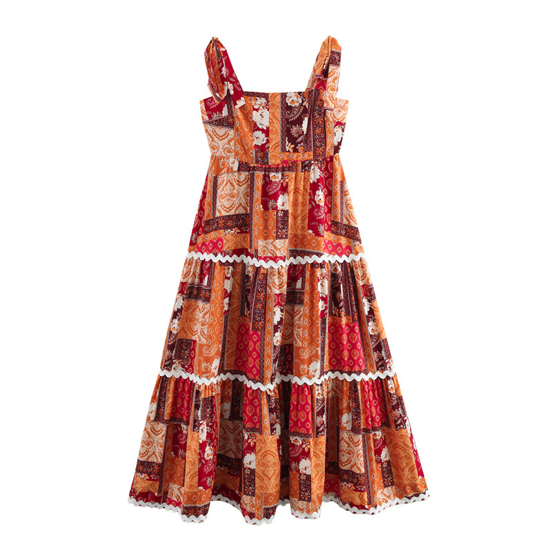 Printed Slim-fit Casual Fake-style Printed Suspender Dress