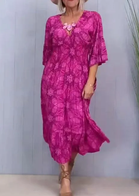 European American Fashion Floral Print V neck Elegant Dress Rose Red - Shop at LoveMi