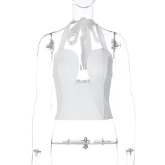 Hollow-out Form-fitting Solid-color Halter Top With A Double-layer Design - White - View 1