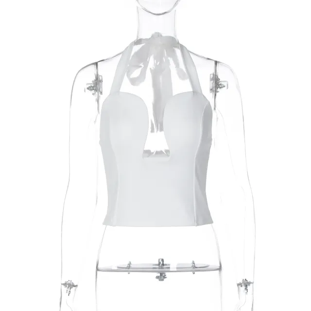 Hollow out Form fitting Solid color Halter Top With A Double layer Design White - Shop at LoveMi