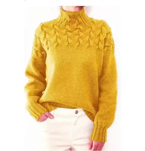 Fashion Cable Braided Detail Turtleneck Long Sleeve Sweater Women Lemon Yellow - Shop at LoveMi