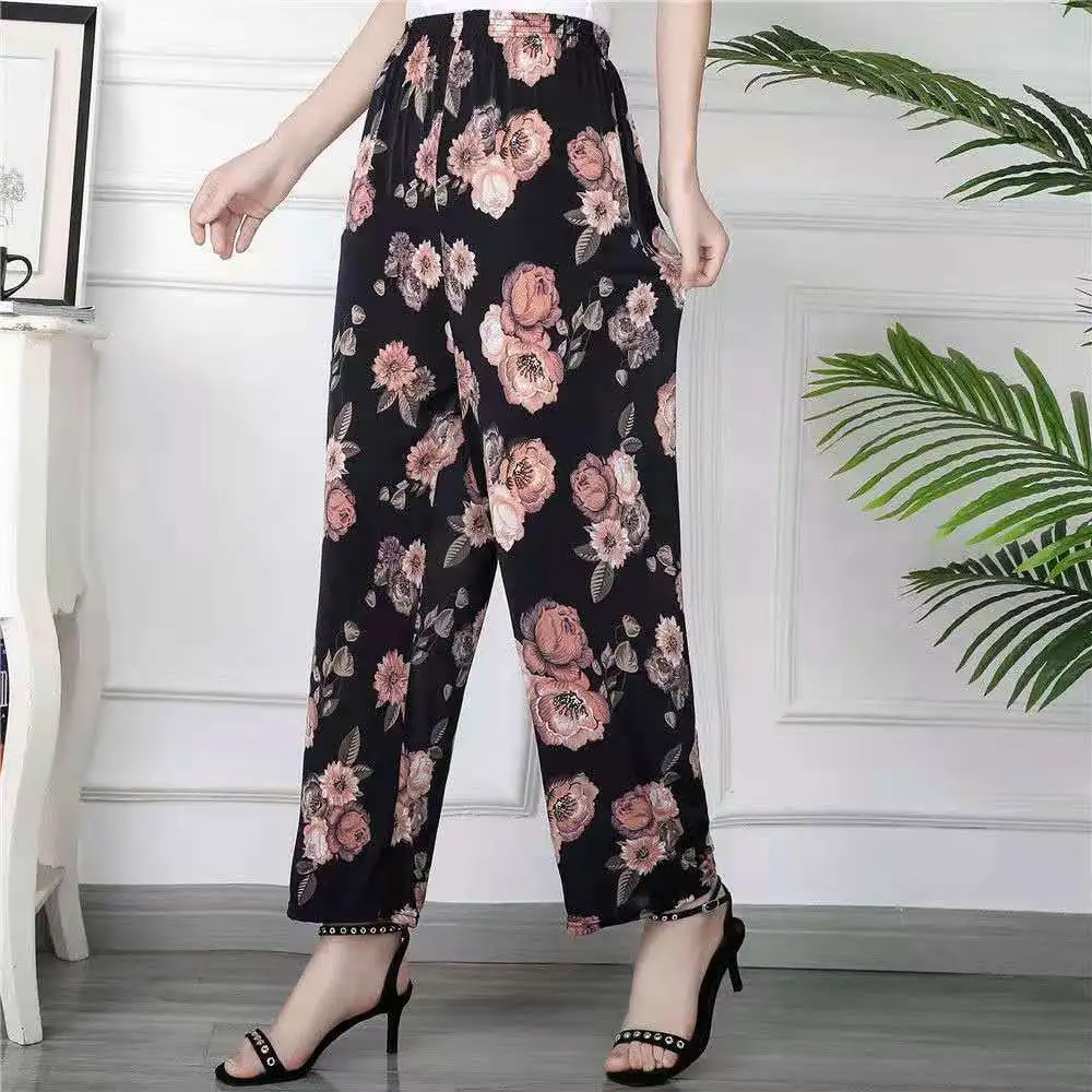 Women's Plus-sized Ice Silk Elastic Pants Cropped Straight - No 21 Straight Flower Pants