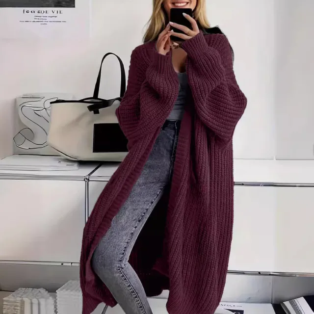 Knitted Long Cardigan With Pockets Fashion All match Lantern sleeved Coat Red - Shop at LoveMi