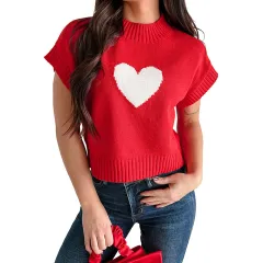 Womens Casual All-Match Heart-Shaped Short-Sleeve Knitted Sweater - Pink - View 1