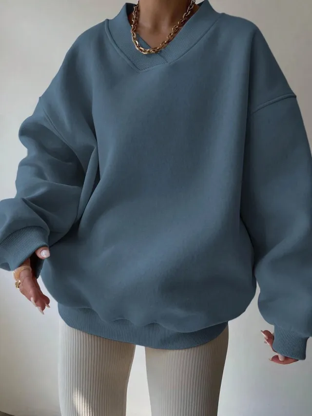 Women's Casual Solid Color Long Sleeve Crew Neck Sweater Dark Blue - Shop at LoveMi