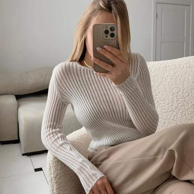 Women's Fashion Casual Solid Color Slim fit Cashmere Round Neck Long Sleeve White - Shop at LoveMi