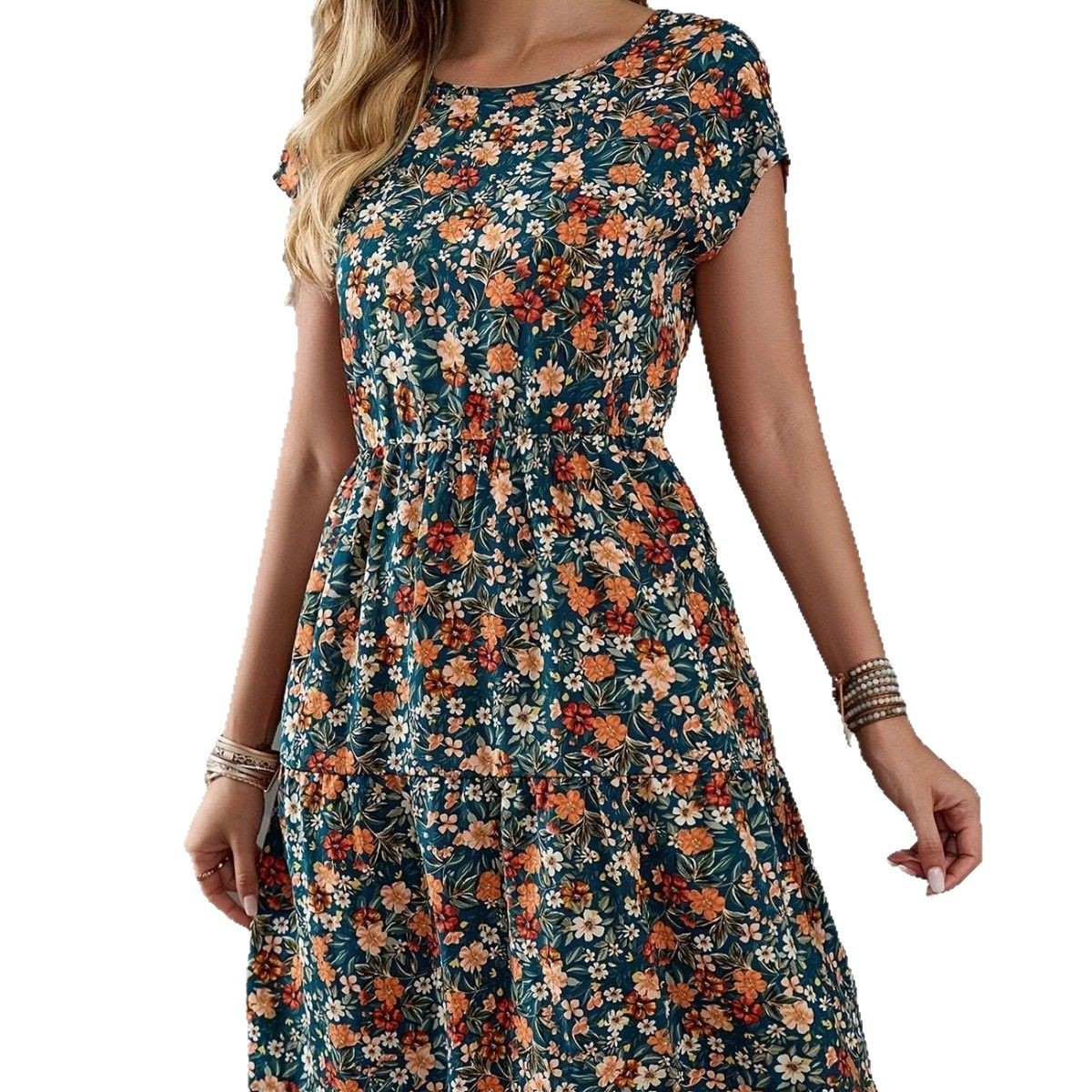 Casual Printed Elastic Waist Round Neck Short Sleeve Dress