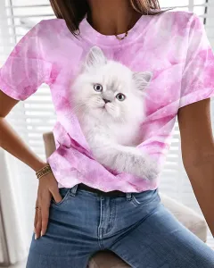 Independent Station Leisure Animal Digital Printing Short Sleeve Round Neck - Rose Red Cat - View 1