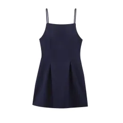 European And American Style Pleated Short Version Dress - Navy Blue - View 1