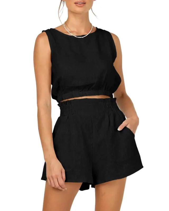 Women's Solid Color Sleeveless Short Top Shorts Suit Black - Shop at LoveMi