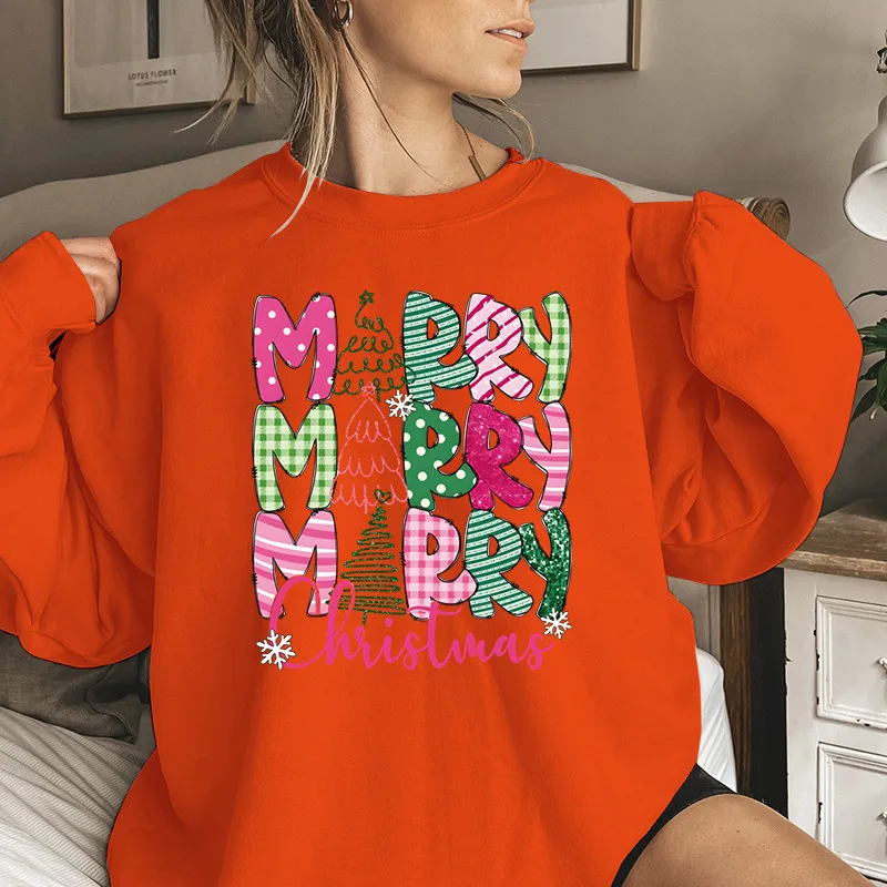 Merry Christmas E Cartoon Sweatshirt Festive Cute Gifts - Orange