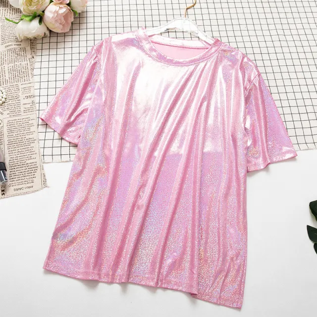 Women's Loose Sequin Short Sleeved T shirt Red - Shop at LoveMi