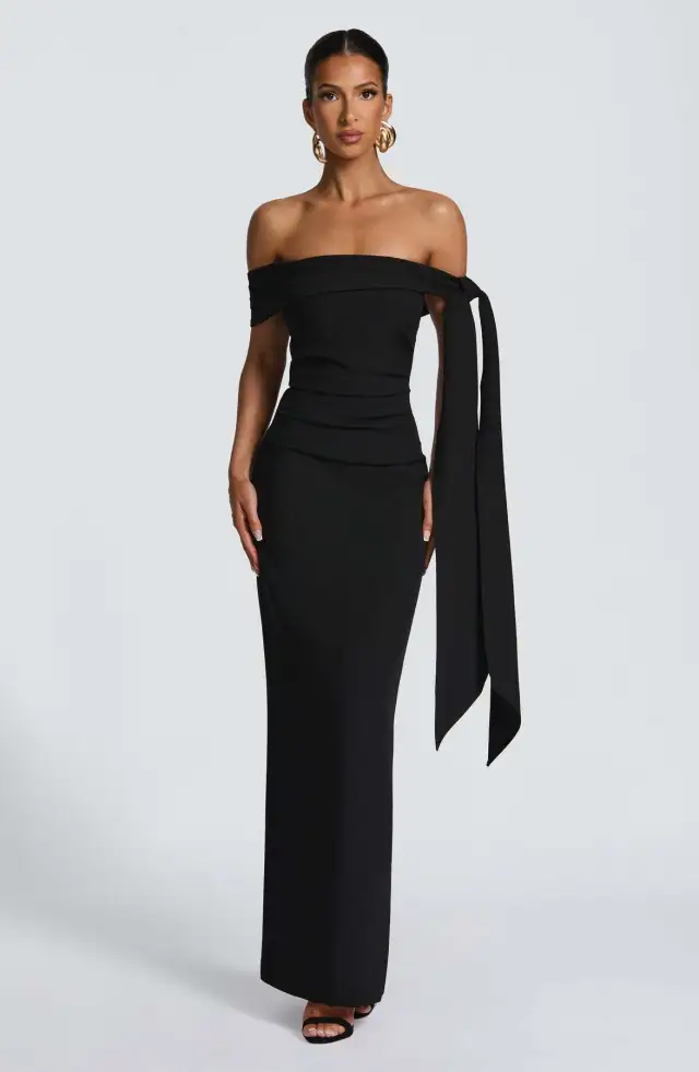 Women's Off shoulder Ribbon Backless Solid Color Dress Black - Shop at LoveMi