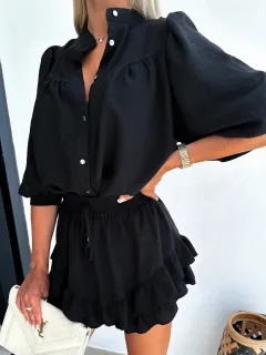 Fashion Cotton Linen Shirt Skirt Outfit - Black - View 1