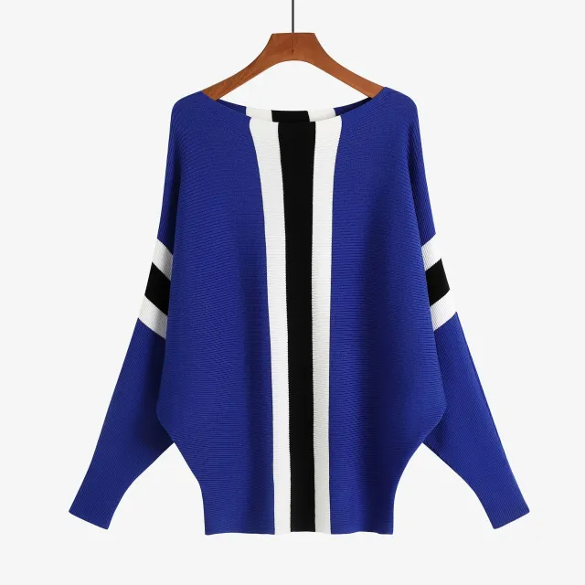 Sweater Batwing Shirt Off neck Thread Loose Large Size Pullover Striped Top Blue - Shop at LoveMi