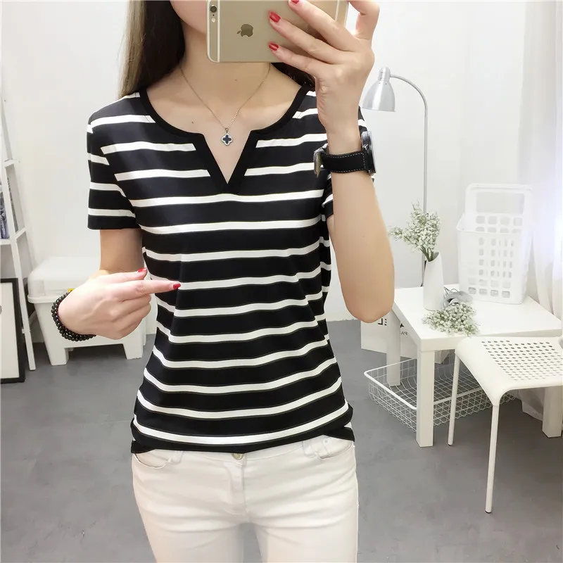 Large Size Stretch Top V Neck Short Sleeve - Black