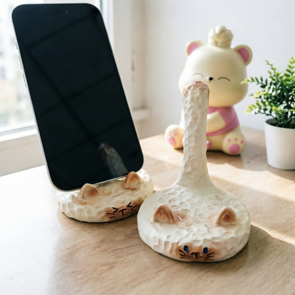 Suport pentru telefon în formă de pisică siameză, obiect decorativ în stil crem