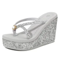 Women's Rhinestone Ultra-high Heel Platform Flip-flops - Silver - View 1
