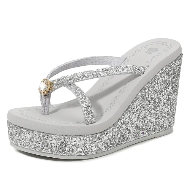 Women's Rhinestone Ultra high Heel Platform Flip flops Silver - Shop at LoveMi