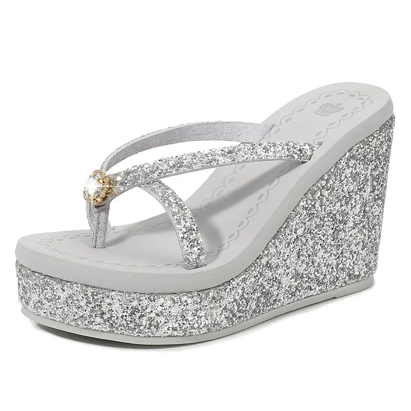 Women's Rhinestone Ultra-high Heel Platform Flip-flops - Silver