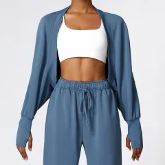 Knitted Cardigan Batwing Sleeve Sports Jacket - Denim Blue - View 1