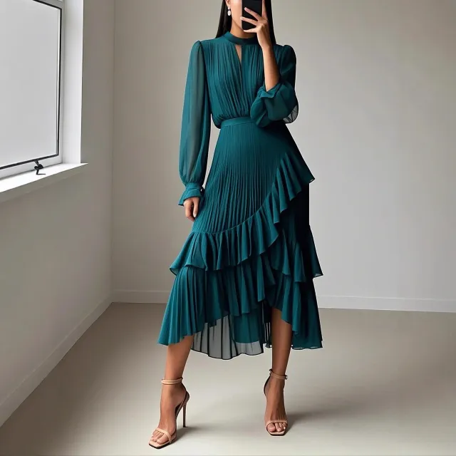 Ruffled Pleated Midi Dress For Women Dark Green - Shop at LoveMi