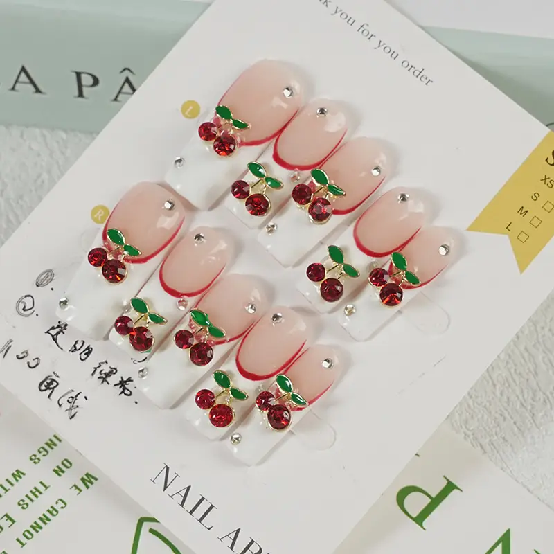 Cherry Gold Diamond Handmade Wearable Nails