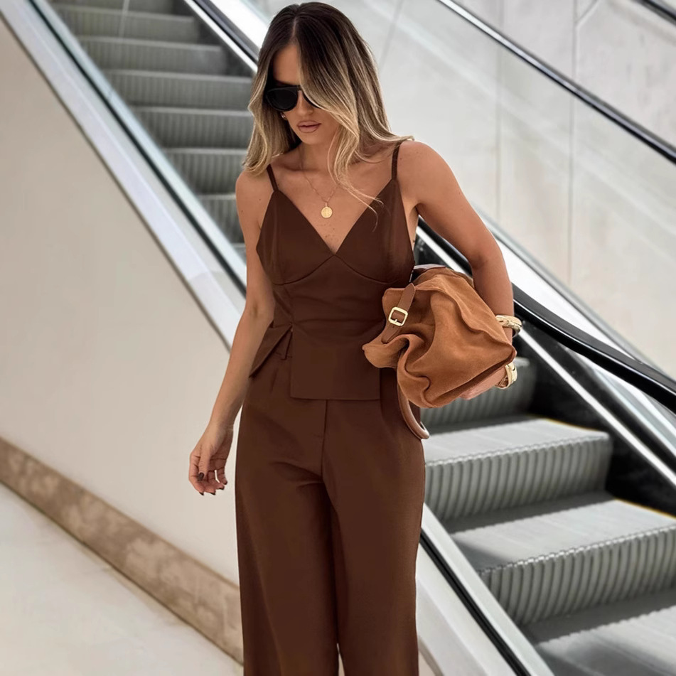 Brown Sleeveless V-neck Brace Split Vest Trousers Suit