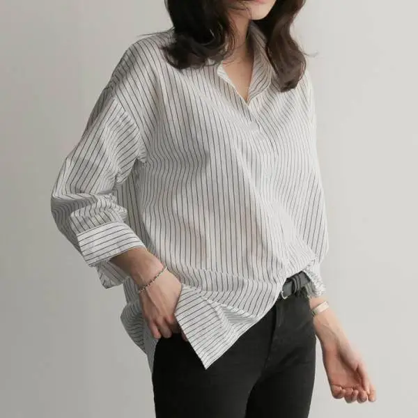 Women's Casual Bottoming Plus Size Loose Striped Shirt - White