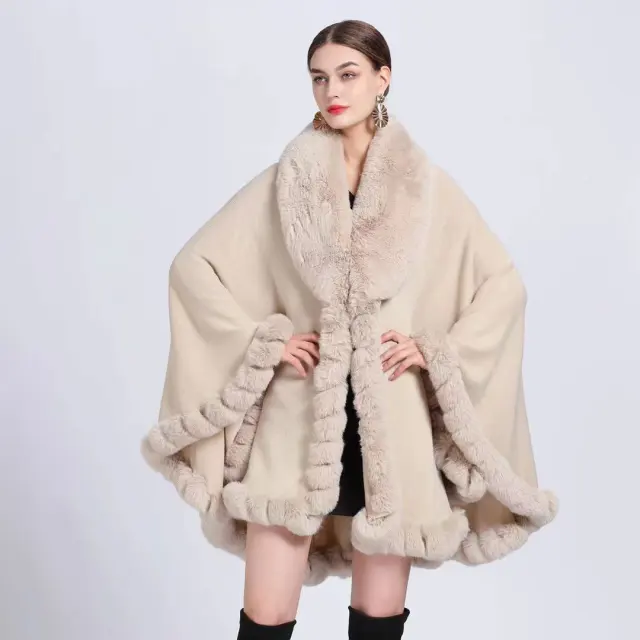 Fur Collar Shawl Cape Knitted Cardigan Baggy Coat Beige - Shop at LoveMi