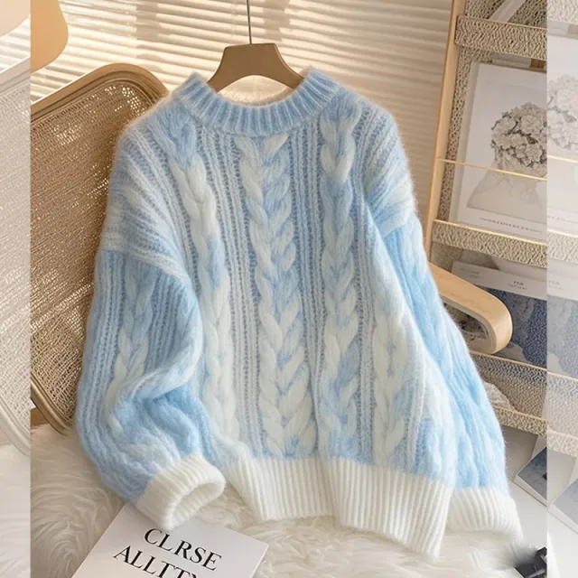Blue Soft Glutinous Lazy High grade Pullover Cable knit Sweater Blue Knitted Sweater - Shop at LoveMi
