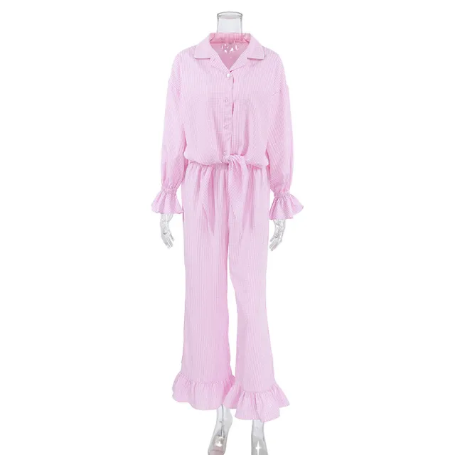 Plaid Ruffled Long sleeve Cardigan And Tie front Pants Two piece Set Pink - Shop at LoveMi