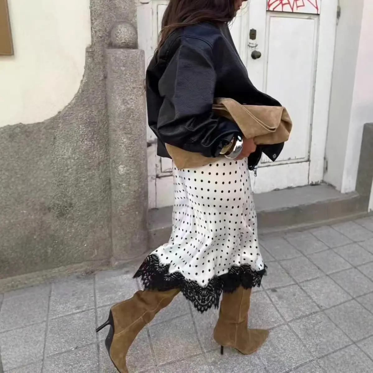 Summer Simple All-Match Polka-Dot Lace Patchwork Skirt