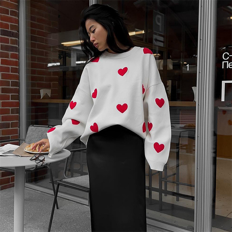 Long Sleeve Loose Heart shaped Round Neck Sweater For Women Autumn And Winter White With Red Heart - Shop at LoveMi