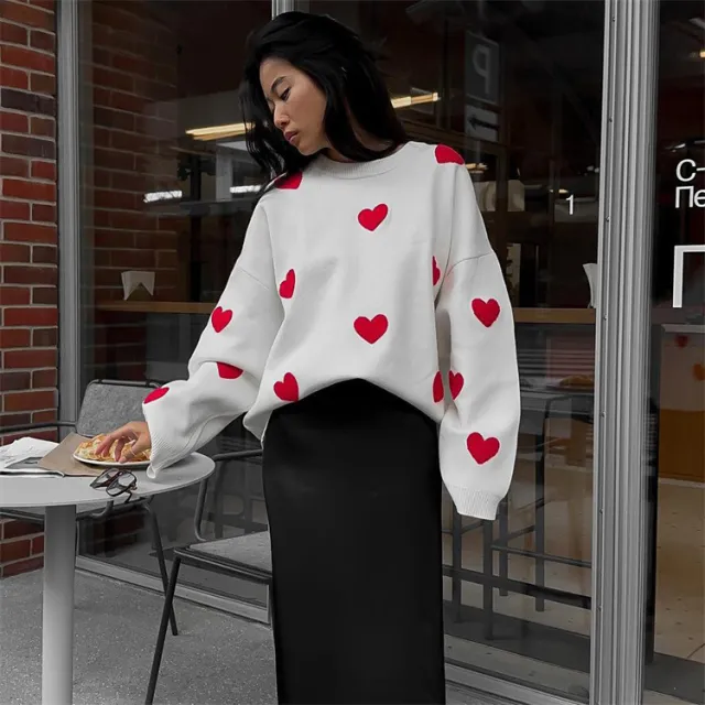 Long Sleeve Loose Heart shaped Round Neck Sweater For Women Autumn And Winter White - Shop at LoveMi