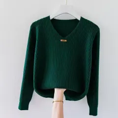 V-neck Jersey Women's Long Sleeve Loose Sweater - Dark Atrovirens - View 1
