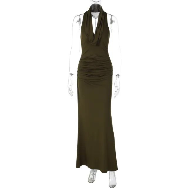 Pleated, Figure hugging Elegant Halter neck Maxi Dress Olive - Shop at LoveMi