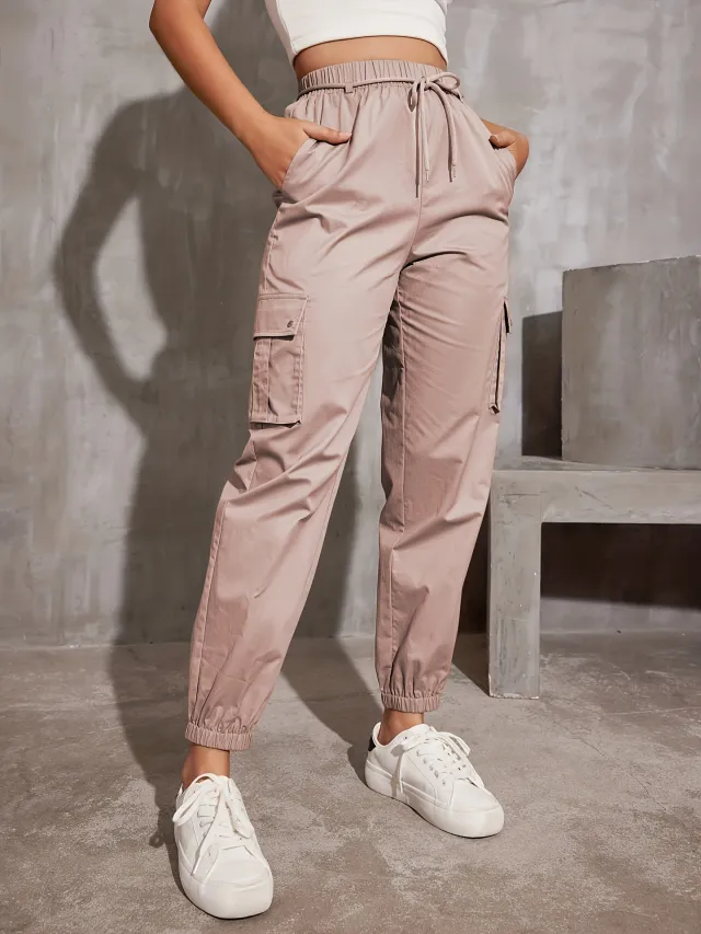 Polyester High Waist Wide Leg Ankle tied Sports Pants Pink - Shop at LoveMi